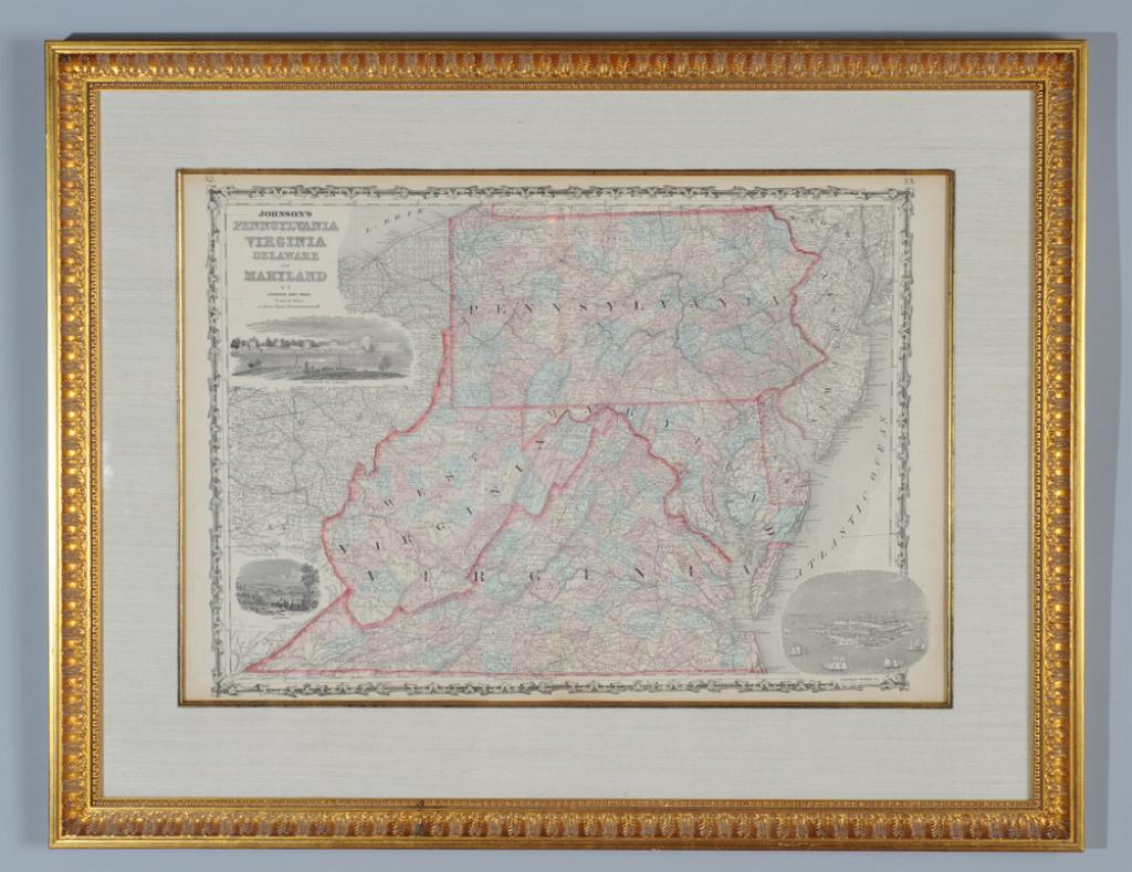 Johnson's Map Pennsylvania Virginia Del., Maryland: Hand colored steel engraved 1862 map of the mid Atlantic region by Johnson and Ward, New York. With three Virginia vignettes showing the University of Virginia, Richmond, and Fortress Monroe. In hands