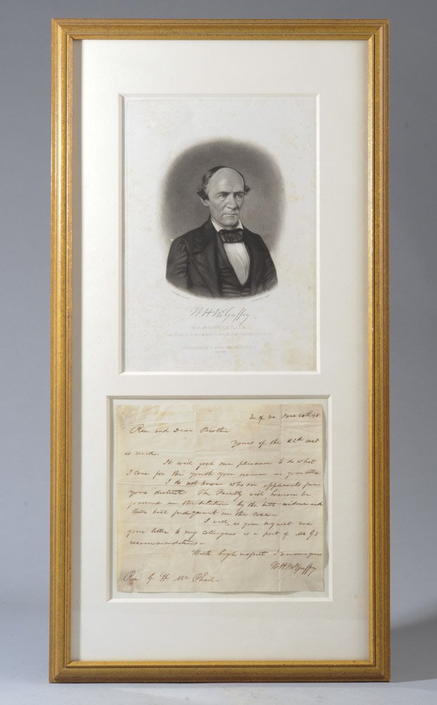 1848 Letter, W. H. McGuffey to G. W. McPhail,+: June 26th, 1848 letter written by Rev. William Holmes McGuffey (1800-1873) to Rev. George Wilson McPhail (1815-1871,) framed together with a19th century steel engraved portrait of Rev. McGuffey. Profe