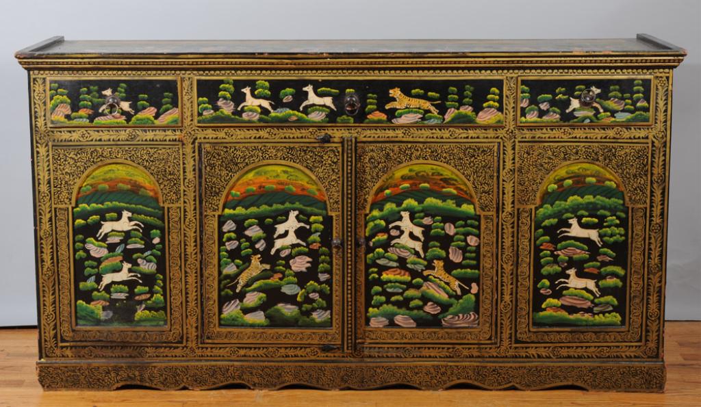 Mughal / Mogul Style North India Painted Sideboard: Top and three sides profusely decorated with painted scenes of a traditional Mughal tiger hunt with equestrian hunters, elephants, wild boar, and of course tigers. One wide flanked by two narrower dra