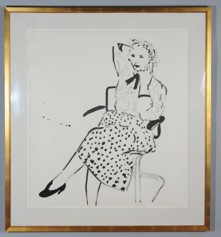 David Hockney: Celia in a Polka Dot Skirt: Pencil signed and numbered 1980 lithograph "Celia in a Polka Dot Skirt", by David Hockney, (British, b. 1937) number 26 out of an edition of 100. Blind stamp for publisher Gemini G.E.L. Sheet size app
