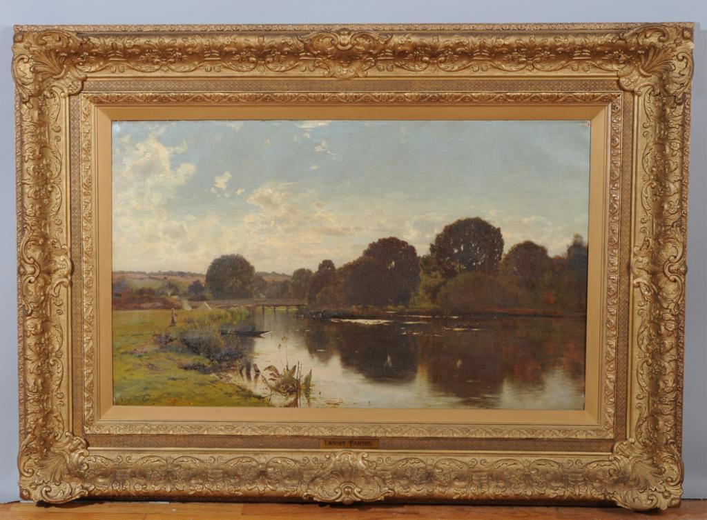 Ernest Parton (American, 1845 - 1933): Large oil on canvas landscape by Ernest Parton showing sky at twilight over a lake, a small female figure in hat and apron, carrying a basket over her arm walks towards a white tent, another figure in