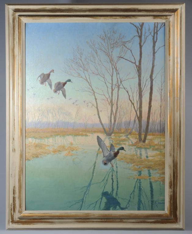 Francis Lee Jaques (American, 1887-1969): Large oil on canvas with three Mallards descending over a marsh at twilight, by Francis Lee Jaques. Interested in art and fascinated by migrating birds and other wild life from an early age, Jaques, a