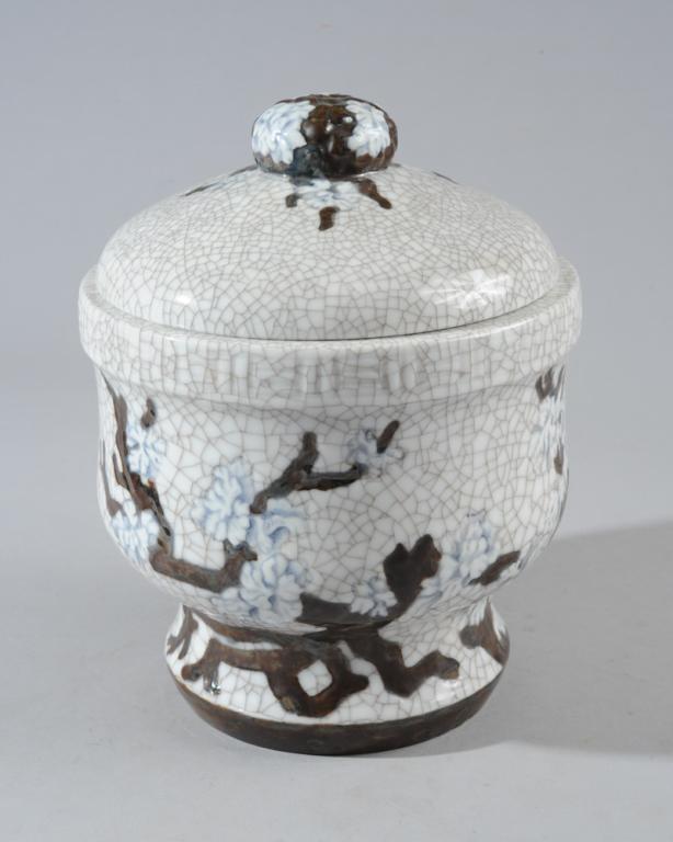 Rare Bing & Grandahl Lidded Jar: Floral motif, mid-century mark, artist signed.H: approx. 10"Dia: approx. 8"