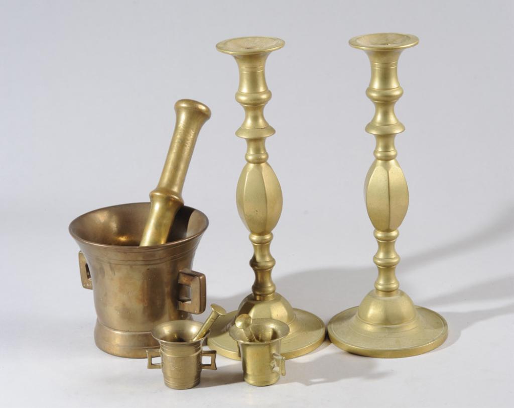 Brass Candlesticks & Mortars & Pestles: Tallest: approx. 11 1/2"
