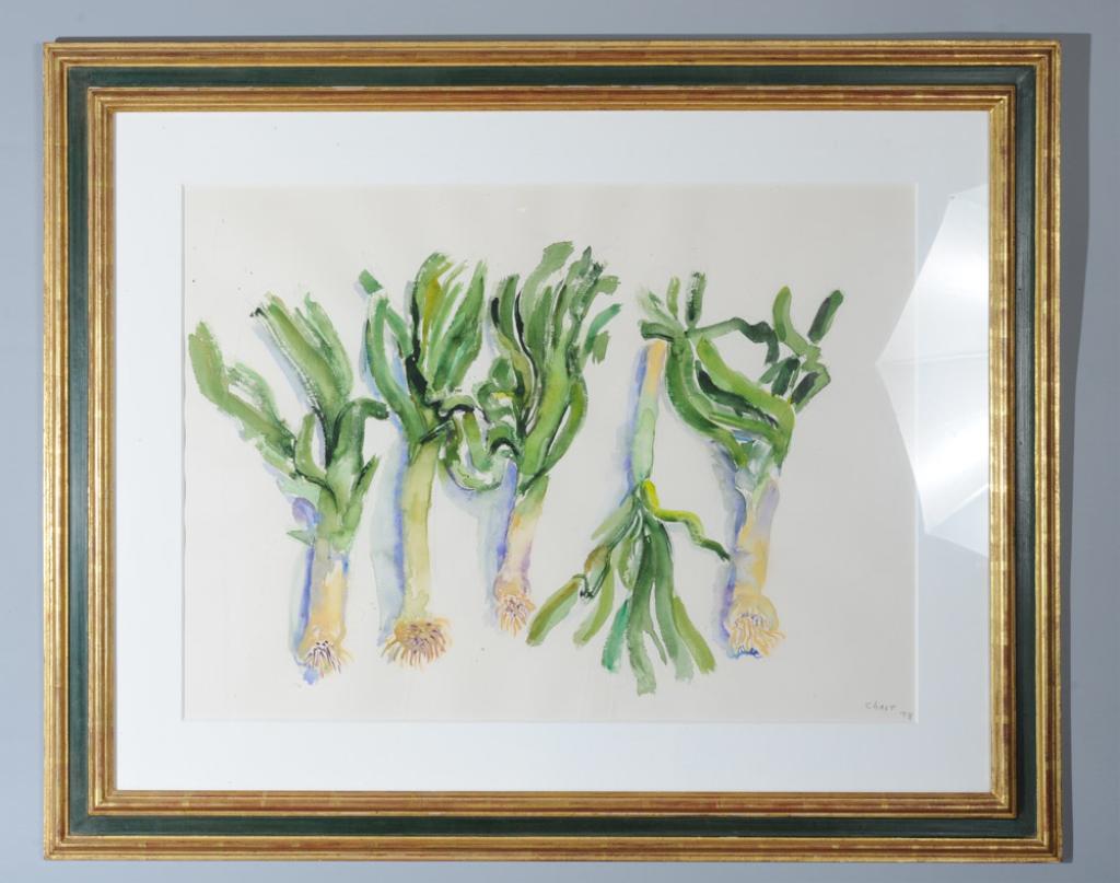 Bernard Chaet (American, 1924-2012): 1978 watercolor on paper of leeks by Bernard Chaet. Signed and dated lower right. Visible image: approx. 28" x 20 3/4" Frame: approx. 39 1/4" x 31 3/4"