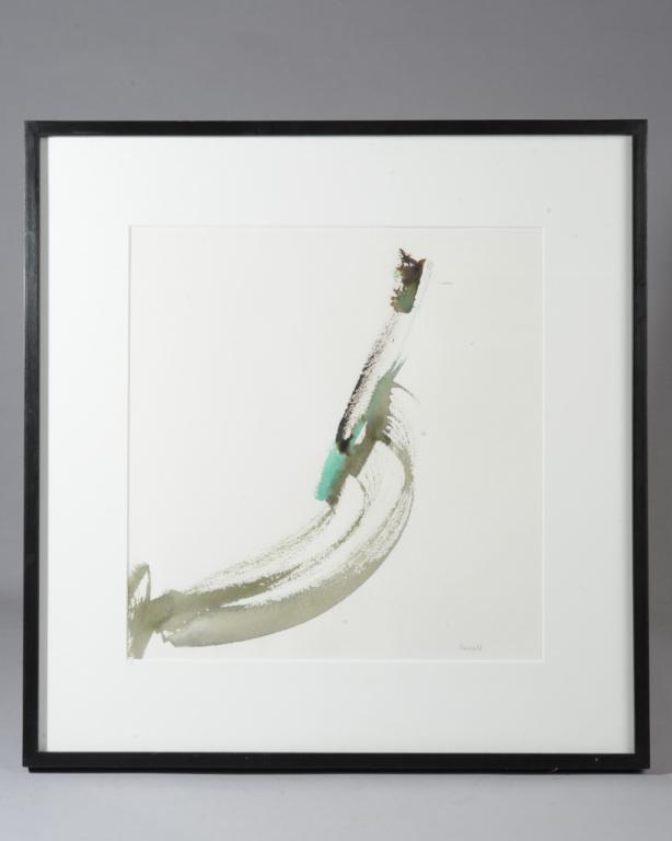 Diane M. Kissell, Watercolor on Paper: Entitled "Swoop", in olive and sea green, by Diane Kissell (American, 20th C.) Signed lower right. Visible image: approx. 14" x 13 1/4"Frame: approx. 21" x 20 1/4"