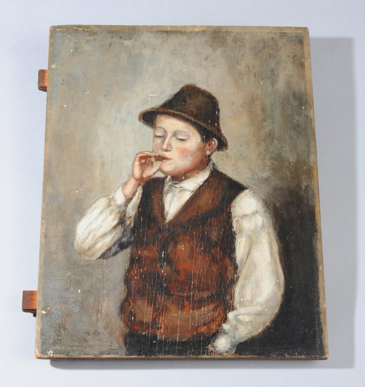 Continental School Oil on Panel: Oil on wood panel of boy enjoying a cigar. No signature found. Approx. 13 3/4" x 10 1/4"