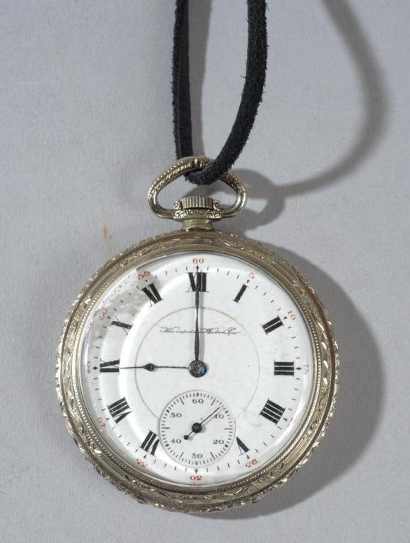c.1918 Hampdon Watch Co Pocket Watch: Hampden Watch Co. Camden Ohio Nathan Hale open face pocket watch, 15 Jewel movement, serial number 3734258. Engraved Dueber case monogrammed "P". Some powdery residue under glass, upper left rim. Appe