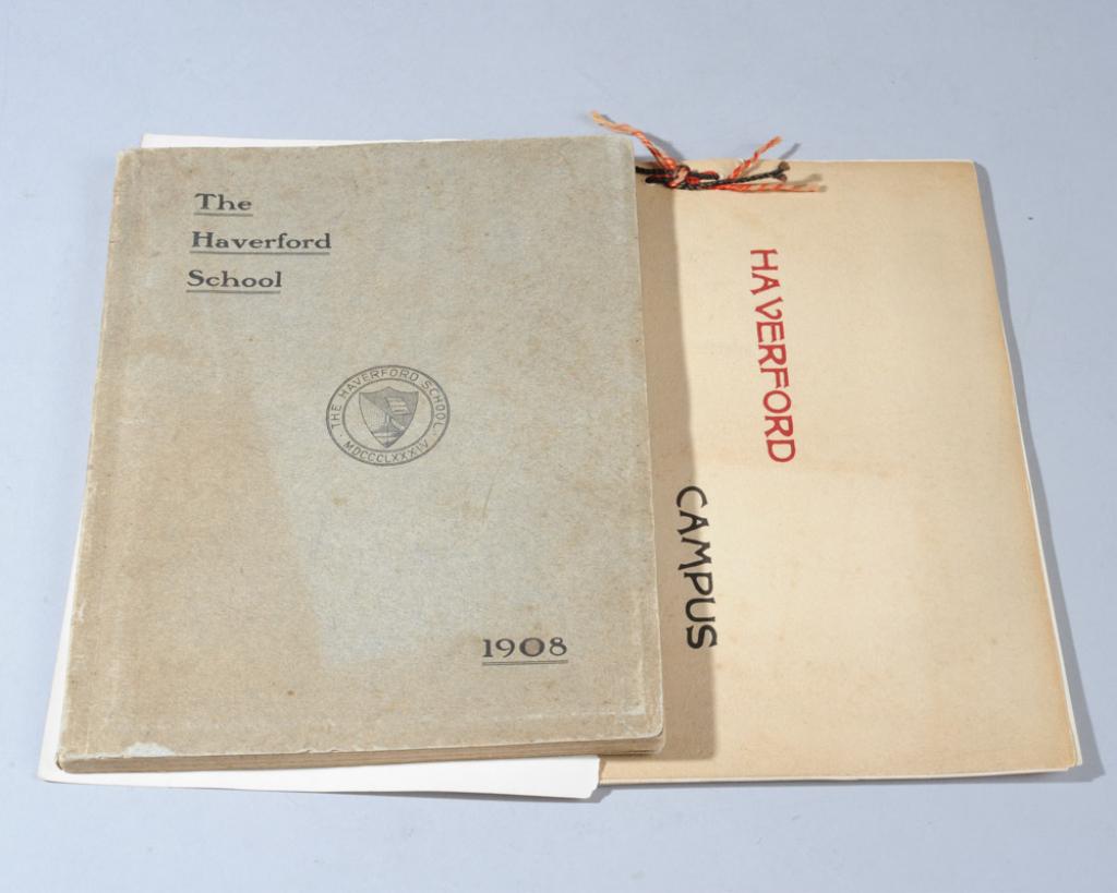 c1896, 1908 Haverford School & College Ephemera: Lot includes a circa 1896 soft cover book entitled "Haverford Campus" with more than twenty mostly full page captioned photographs showing buildings, views, and college teams, including the Cricket Sh