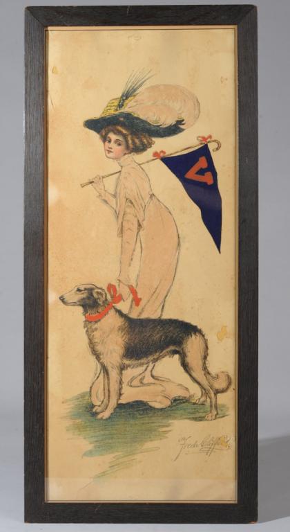 Freda Clifford University of VIrginia Girl Print: From the series "College Lads and Lassies" 1909, by Freda Clifford, showing the young University student with blue and orange pennant, beribboned dog, and huge plumed hat. Not examined out of frame. P