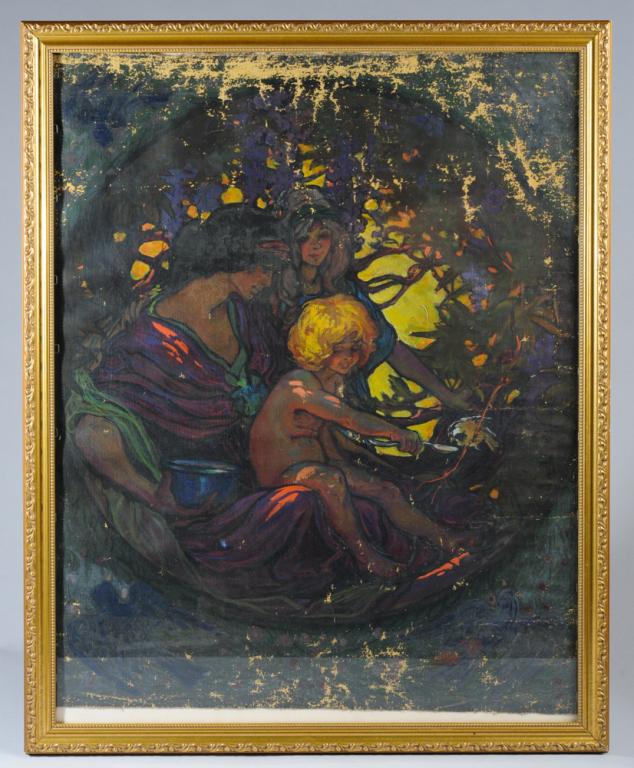 Beatrice Stevens (1876-1947) Oil on Canvas: Sumptuous Art Nouveau oil on (unstretched) canvas by Lucy Beatrice Stevens, showing a mother and two children in a bower, the golden haired child on the mother's lap feeding a bird from a spoon. Rich 