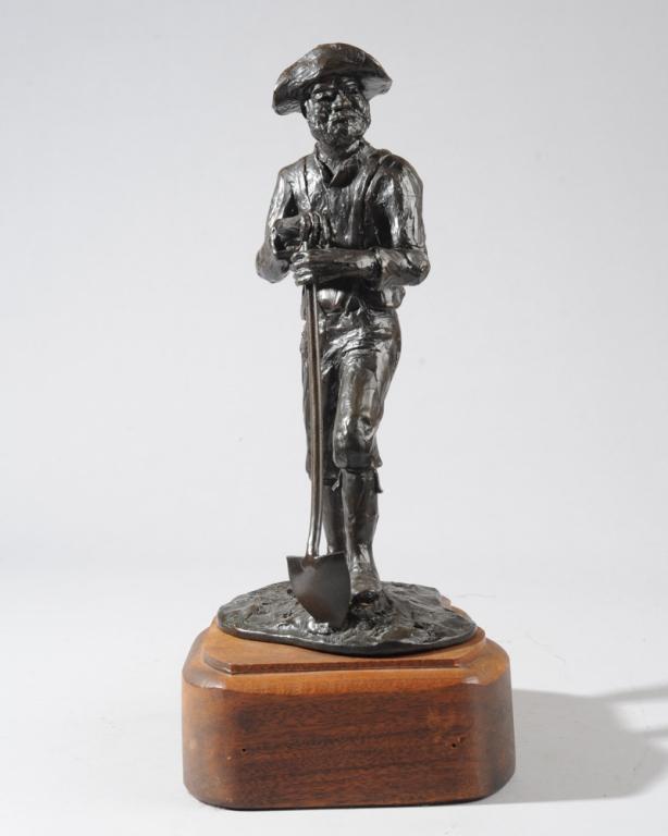 Ed Dwight (b. 1933) 1982 Bronze Sculpture: Bronze figure of an African American gold prospector 'forty-niner' with suspenders, shovel, and hat with turned up brim. Signed to base Dwight '82. Colorado-based sculptor Edward Joseph Dwight came to