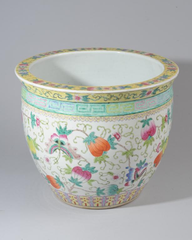 Chinese Famille Rose Cache Pot: Cache pot, planter, or fish bowl, decorated with butterflies among fruiting melon vines in soft famille rose enamels. With lappet border at base and ruyi, key and flower scroll borders at the rim. 19t