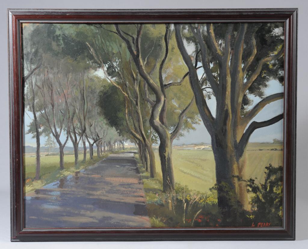 Oil on Board by Lincoln Perry (b.1949): Written in ink on stretcher:"Tree Lined Road, Parsons Beach, Lincoln Perry" Signed lower right L. Perry. Frame: approx. 22" x 18"Visible image: approx. 19 3/4" x 15 3/4"