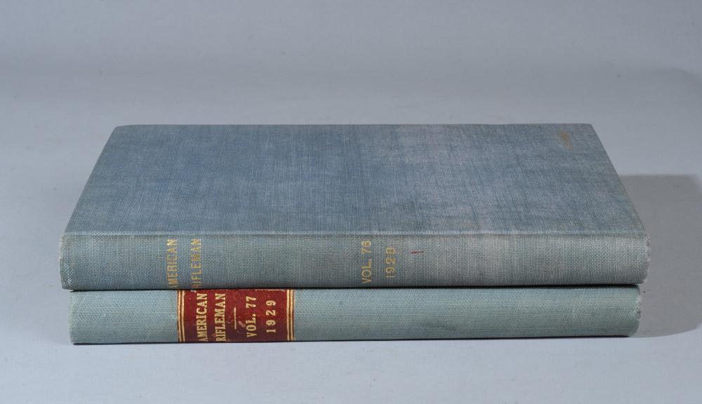 American Rifleman Magazine - Bound Vols 76 & 77: Two hardcover volumes containing The American Rifleman magazine for the years 1928 and 1929. Other than some age-related darkening to the pages, books are clean and sharp with minimal wear.
