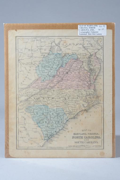 19th C. Map of Virginia, North Carolina, etc.: 19th century "Map Maryland, Virginia, North Carolina, and South Carolina", cartographer unknown, hand colored, some foxing / discoloration, in as-found condition.Approx. 12" x 9 1/2".