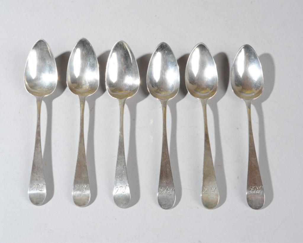 Six George III Sterling Silver Spoons: Monogrammed, with hallmarks for 1795 and GG(?)(possibly George Gray).L: approx. 4 3/4".Total weight: approx. 1.70 ozt.