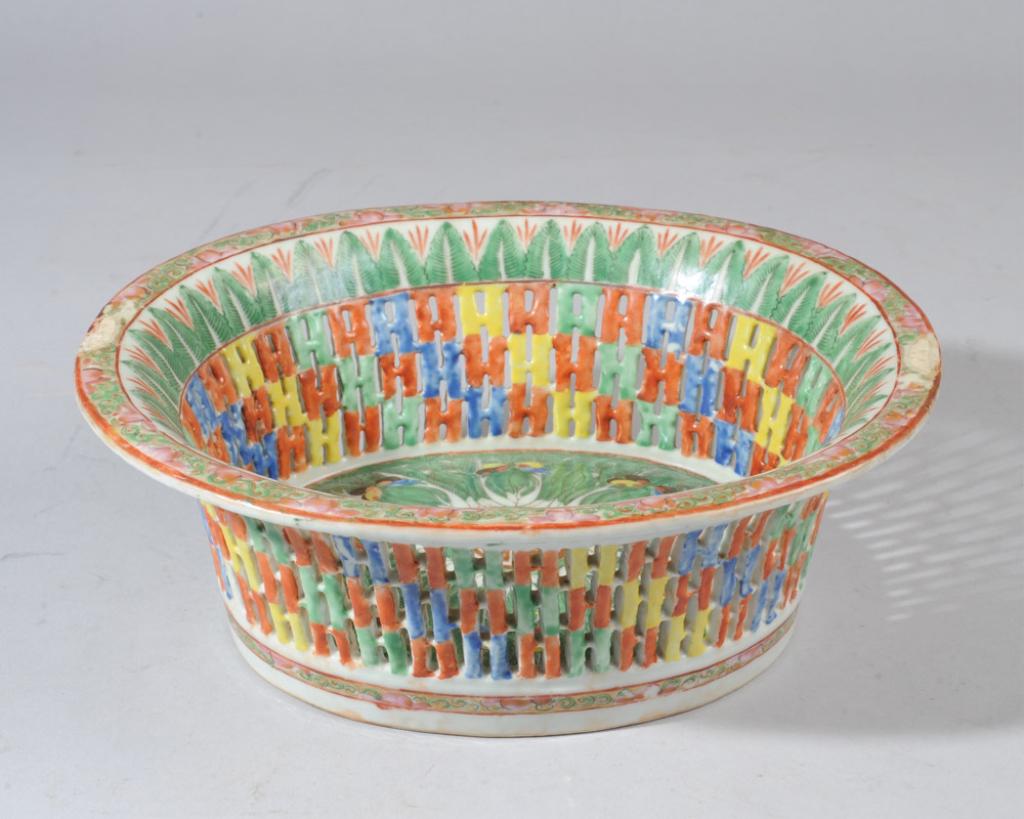 Chinese Cabbage Leaf Reticulated Basket: 19th C. Chinese export reticulated basket with cabbage leaf pattern in colorful famille rose enamels with gold. Two old restorations to rim. Approx. 10 7/8" x 9 3/4" x 4" H.