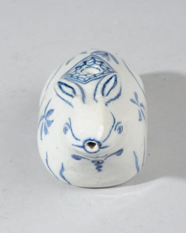 Antique Chinese Rabbit Water Dropper: Blue and white glazed porcelain water dropper in the form of a rabbit. Unglazed base. Probably Ming. Excellent condition and color. Collected in Tretes or Surabaya, Indonesia in the 1970s. Approx. 4 3