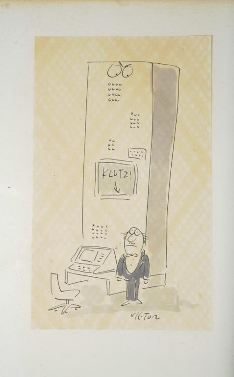 Original New Yorker Cartoon Art: Ink and wash on paper by New Yorker cartoonist Dean Vietor, (1931-2007.) Also included, a 1981-82 poster or handbill for the University of Minnesota with art by Dean Vietor and a Jan. 11, 1988 copy of