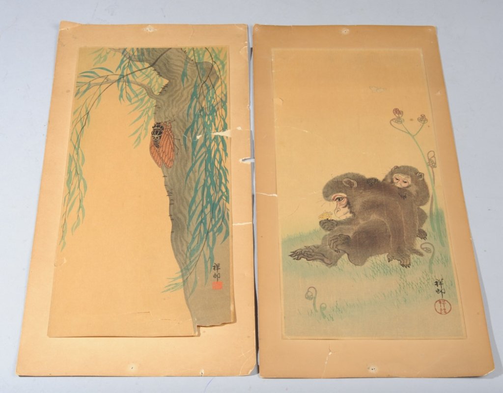 2 Japanese Woodblock Prints Ohara Koson: CORRECT PHOTOS HAVE BEEN ADDED AS OF 11:45 AM EST ON MAY 5TH. Circa 1910 woodblock print, Cicada on Willow, and circa 1936 woodblock print, Two Monkeys and Butterflies, both by Japanese artist Ohara K