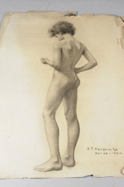 Three Large Nude Studies, c.1900: To include three fine nude studies in graphite on laid paper, the subjects a young boy in waist string, a woman, and a man holding a bar, all as seen from behind. Beautiful tone and shading. All from 