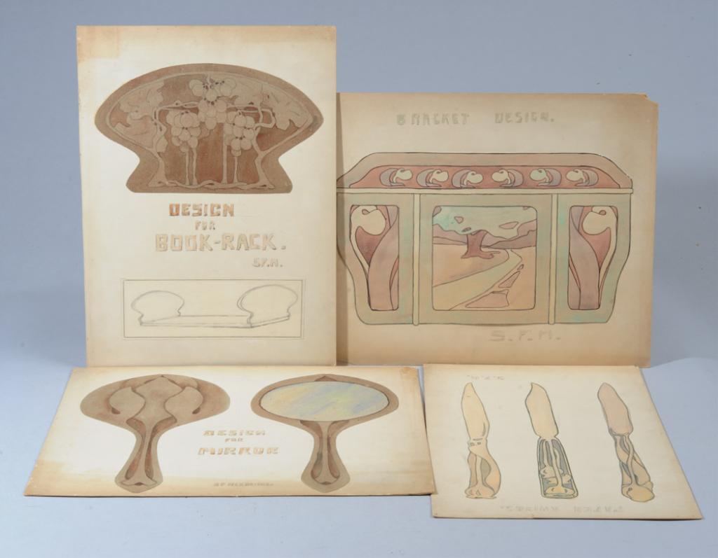Lot Original Art Nouveau Designs c.1899: Four Art Nouveau designs in pencil, ink and watercolor on heavy stock. Designs are for a paper knife, a hand mirror, a book rack and a bracket. All from the portfolio of Sarah ("Sadie") Frances Hendri