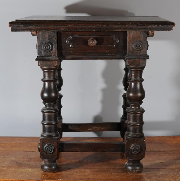 Jacobean Style Single Drawer Side Table: Jacobean style single drawer side table, turned legs and bun feet, some damage / in as-found condition.H: approx. 23".W: approx. 24".D: approx. 18 1/2".