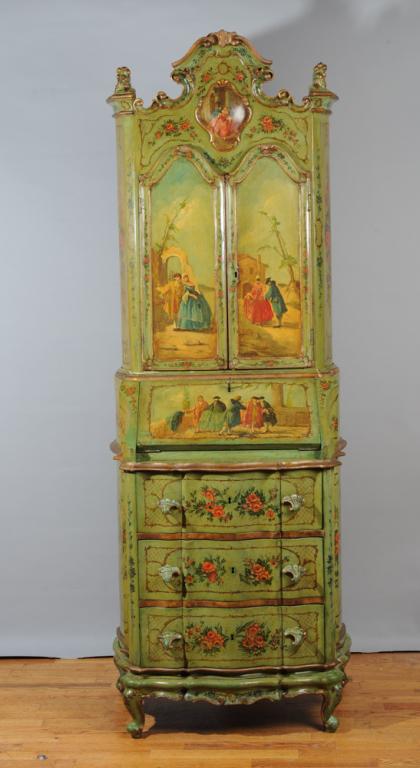 19th C. Venetian Paint Decorated Rococo Desk: Diminutive Italian two part secretary desk, paint decorated with ladies and gentlemen in baroque attire and carnival masks and with flowers on apple green ground, the interior of the top and the drawe