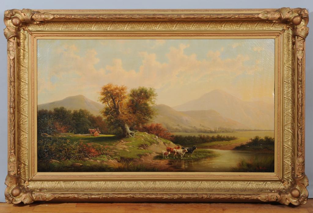 William Walton (1843-1915) Landscape with Cows: Bucolic scene of cows by a river, the spires of a small village in the distance. Signed lower right W. Walton, (American, 1843-1915.) Gilt frame approx. 52" x 34", sight approx. 41" x 23".