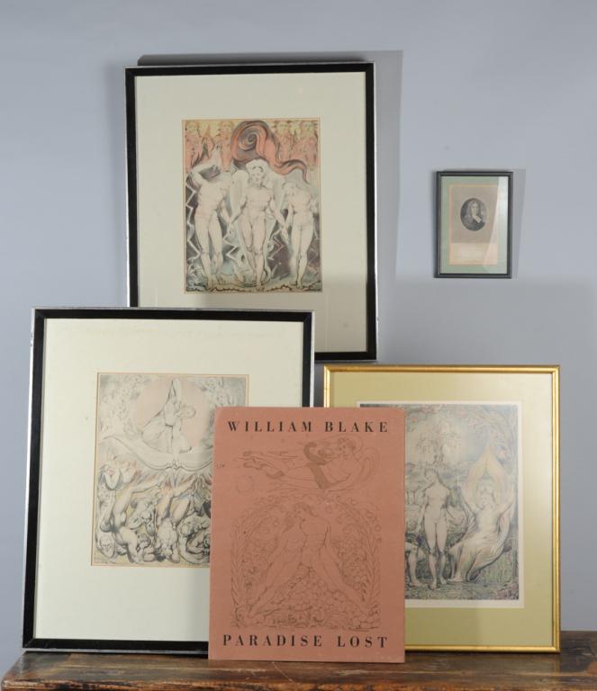 William Blake Grouping: Including Paradise Lost portfolio published 1947, three framed prints, and a framed print of John Milton. All in as-found condition.Largest frame: approx. 19 1/2" x 23".