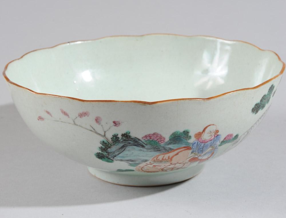 18th C. Chinese Export Bowl, Western Figures: Chinese Qing porcelain bowl with straight foot and scalloped edge, the decoration in famille rose enamels features red-haired western figures with Chinese mythological beasts. The human figures, all m