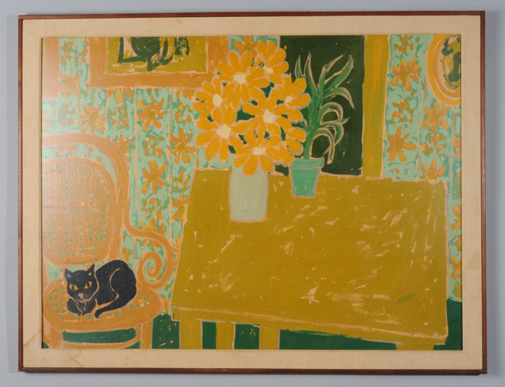 Large Mid Century Oil on Masonite of a Cat: Circa 1960s oil on masonite of a cat in a chair with flowers, signed Bass lower left, Karl Mann Associates label to verso. Framed.Visible image: approx. 39 1/4" x 29 1/4".Frame: approx. 43 1/2" x 33 1