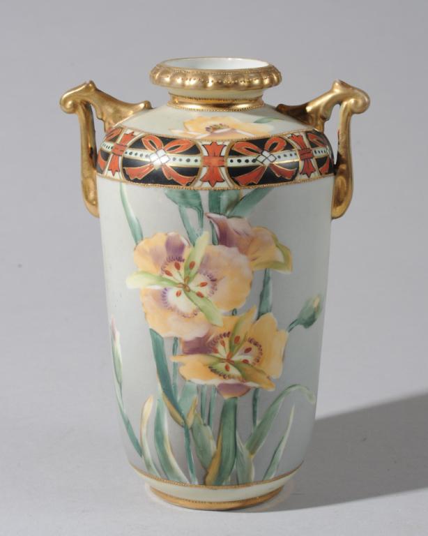 Japanese "Nippon" Victorian Era Vase: With gilt handles.H: approx. 7 1/4".