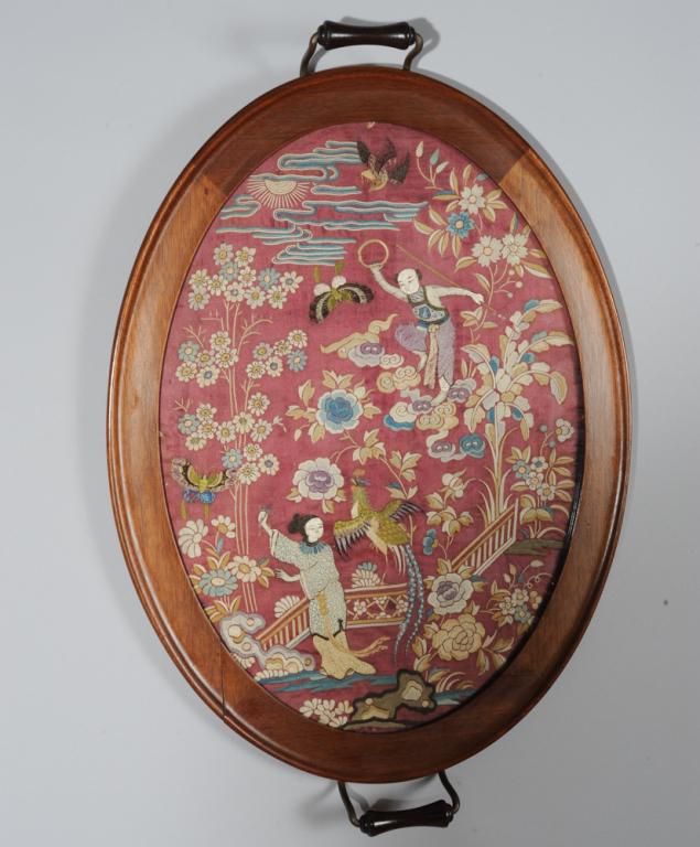 Antique Chinese Embroidered Textile as Tray (1 of 2)
