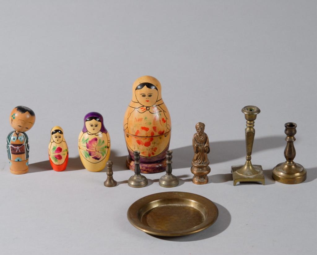 Mixed Lot: To include Russian Matryoshka nesting doll, Japanese wooden nodder, small brass seal, brass miniature candlesticks, brass Asian finial, Revere tray, etc.Largest dia: approx. 14 1/2".