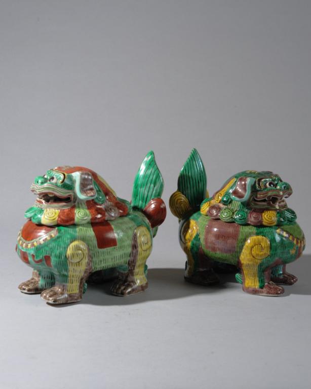 Pair Chinese Famille Verte Foo Dog Censers (1 of 6)