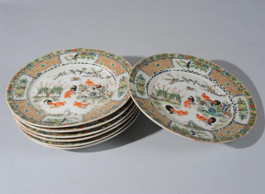 Lot 20th C. Chinese Famille Rose Rooster Plates (1 of 8)