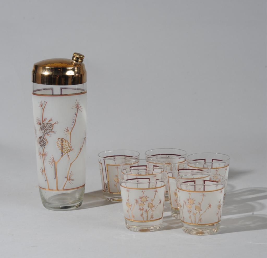 Hazel Atlas Pine Cone Frosted Glass Shaker +: Vintage Hazel Atlas frosted glass pine cone shaker and seven tumblers.Shaker H: approx. 10 3/4".