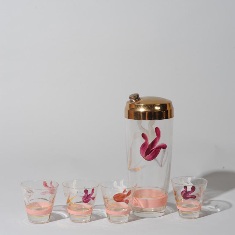 Mid 20th C. Hand Painted Floral Shaker & Glasses (1 of 3)