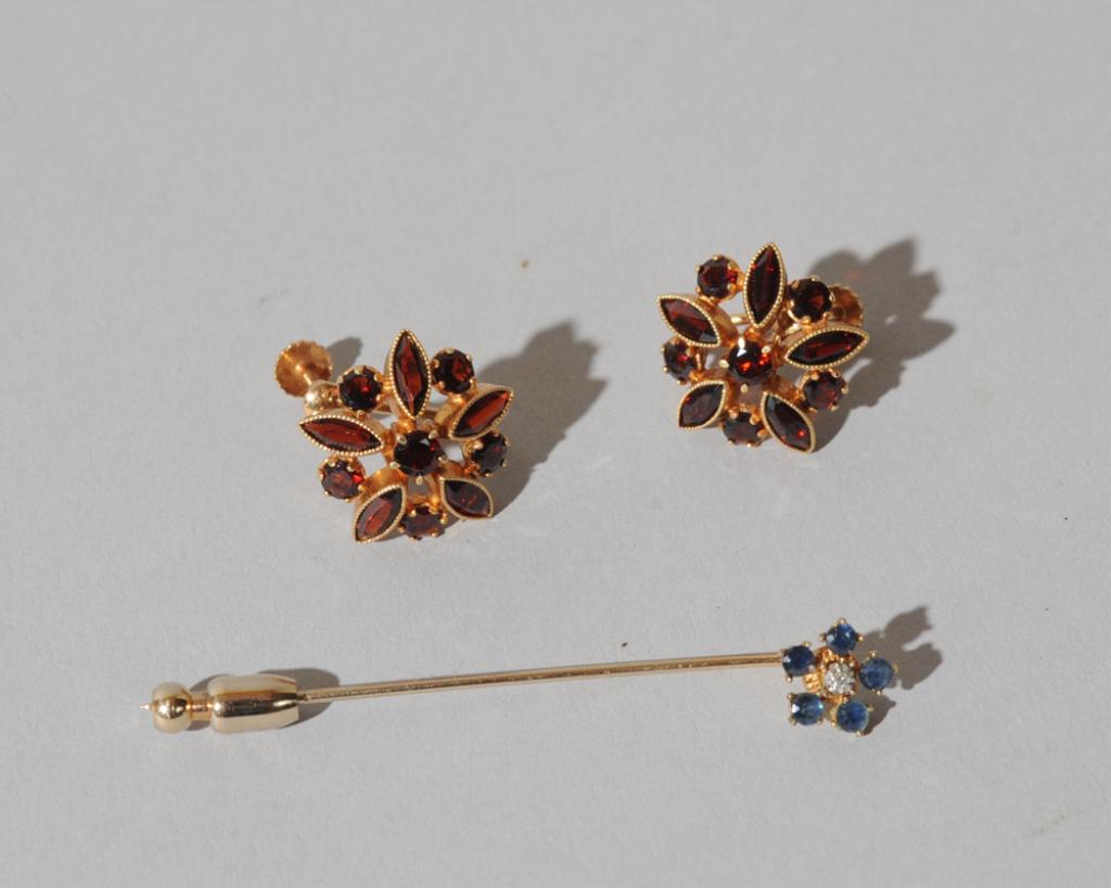 14k Gold & Garnet Earrings, + Stick Pin (1 of 2)