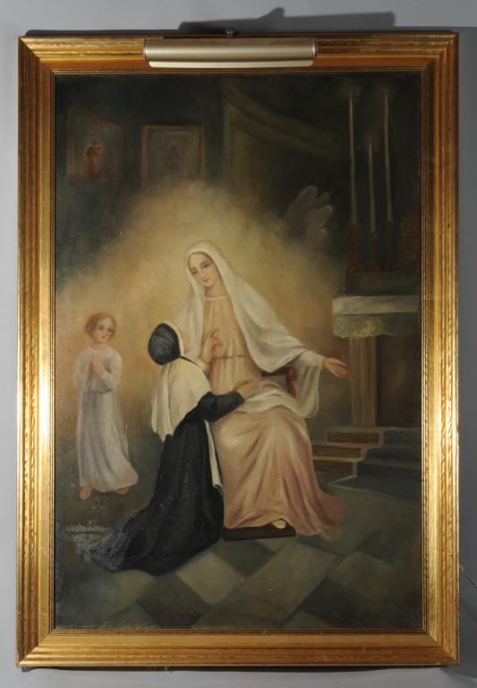 Large Oil on Canvas Religious Painting: Showing a young nun kneeling before the Virgin Mary, who points towards an altar. In gilt frame with gallery light. Frame, approx. 53" x 37". Sight approx. 47" x 31".