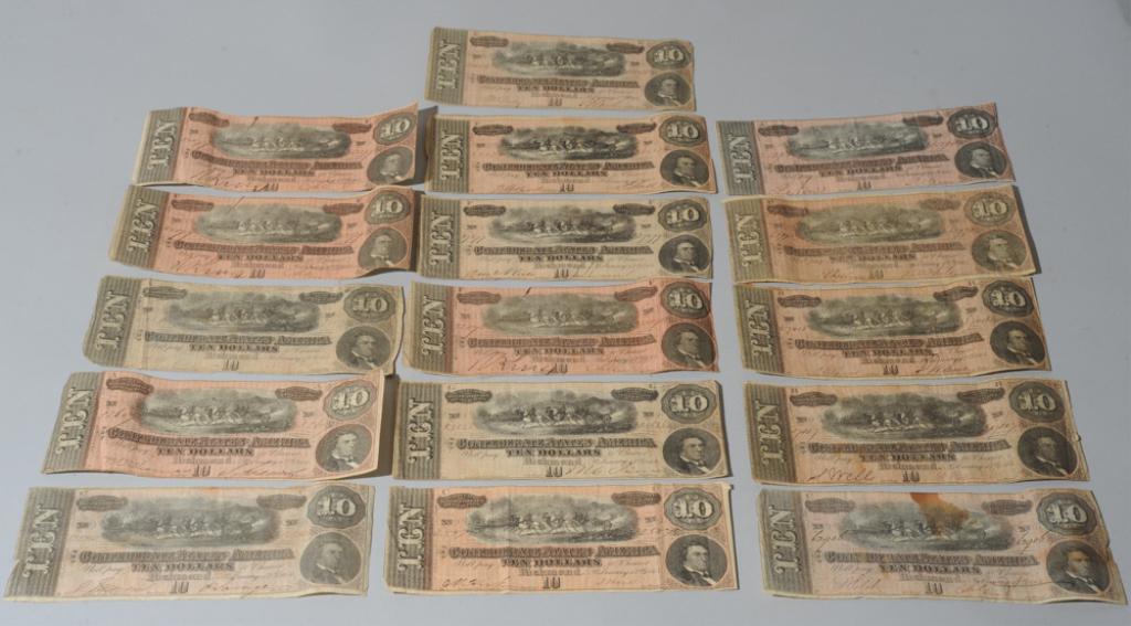16 Confederate Richmond 1864 10-Dollar Bills (1 of 6)