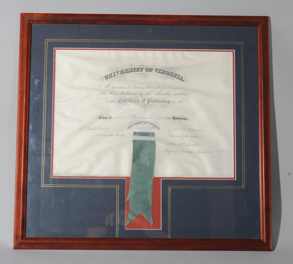 Uva Certificate / Diploma, Lucius P. Brown 1889: University of Virginia Certificate of Proficiency in Biology dated 1889 for Lucius Polk Brown (1867 - 1935) of Spring Hill, Tennessee. According to an obituary, brown was "former pure food and drugs i