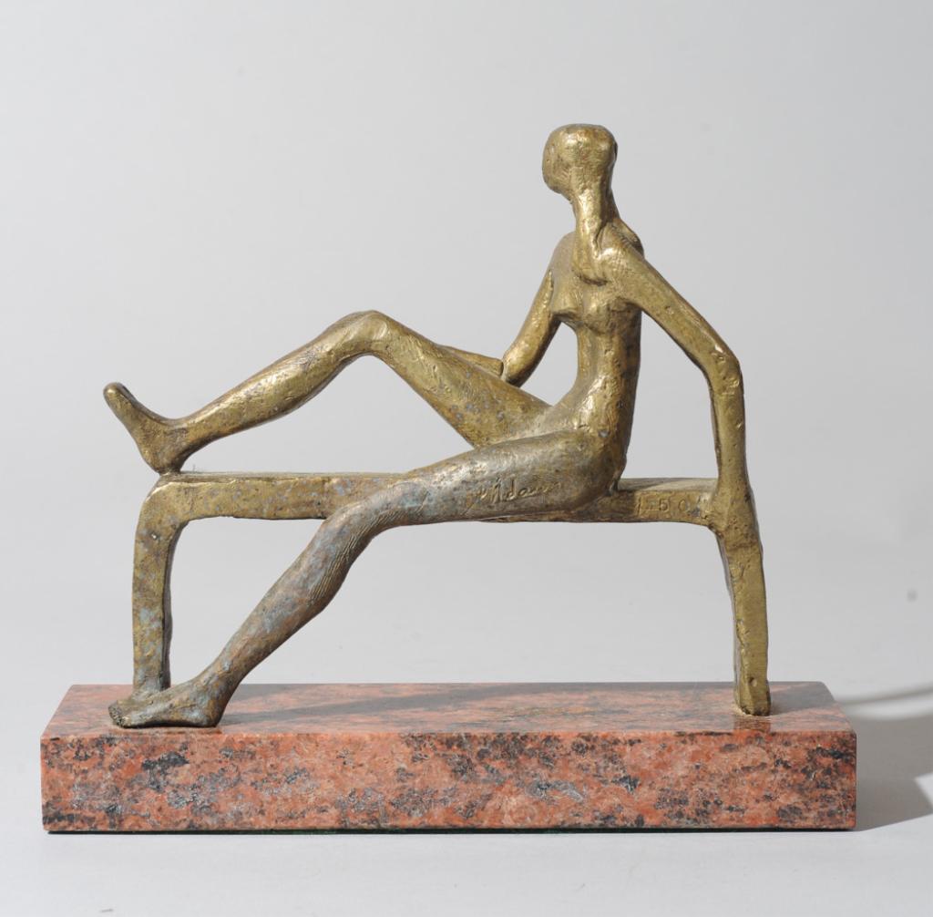Modernist Bronze Sculpture: Minimalist bronze sculpture showing a nude woman half reclining on a bench. On marble base. Signed P. Adams, (possibly Phoebe Adams.) Approx. 9 1/2" x 8 1/2" x 2 3/4".