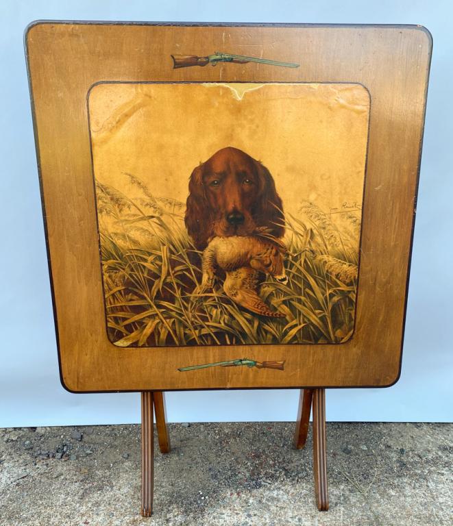 Vintage Folding Wooden Card Table, Hunting Dogs: Handsome all-wood folding table, stands upright when folded displaying color lithograph of hunting dogs, signed in the print by Jean Rivet, and with hand painted hunting rifles above and below the ima