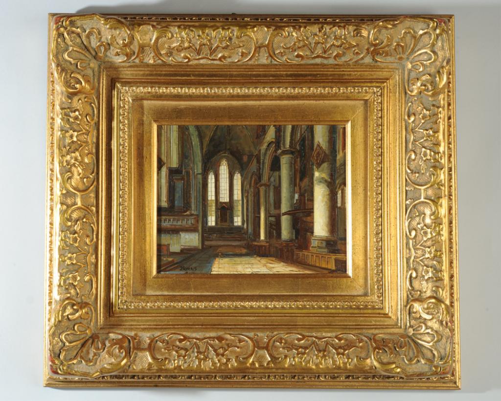 attrib. Bill Burns (b.1960, Canadian): Oil on masonite showing interior of a cathedral. Signed lower left: Burns, likely Bill Burns. In gilt gesso frame. Frame, approx. 18" x 20". Masonite panel approx. 8" x 10".