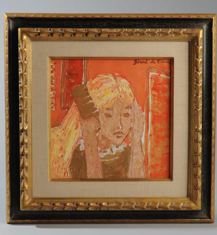 Helene Girod De L'Ain (1926 - 1966): Oil on canvas entitled to verso "Coup de Peigne", by French artist Helene Girod de L'Ain, showing a girl combing her yellow hair in an orange and red interior. Signed upper right. Frame, approx. 19 1/