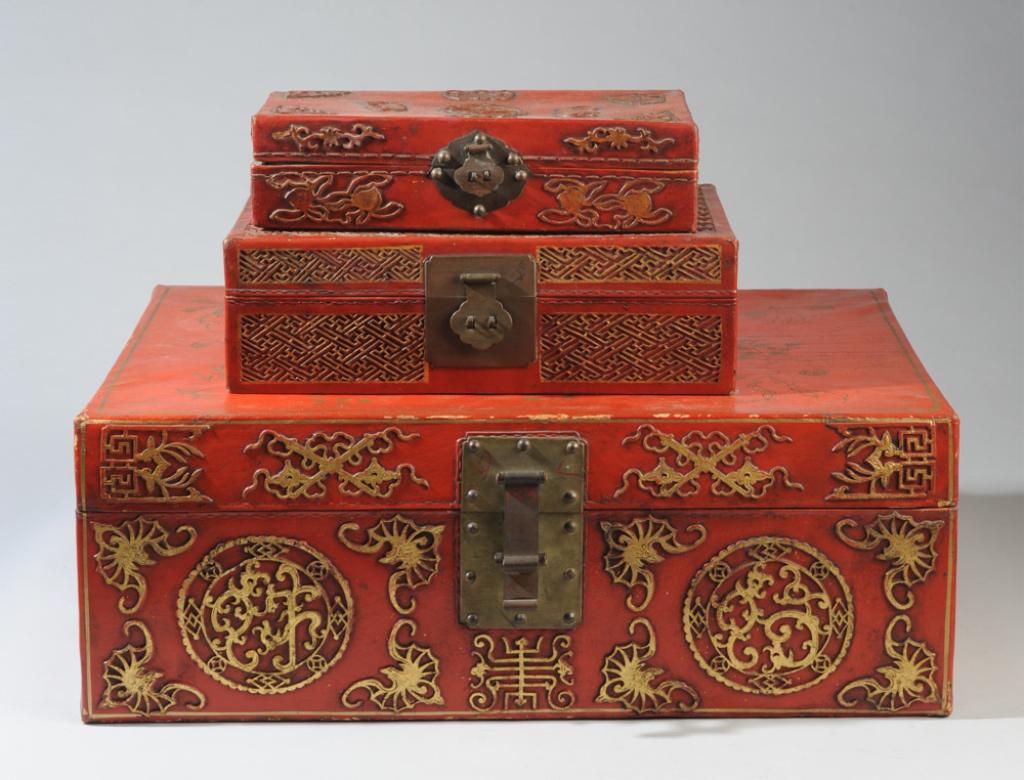 Three Chinese Painted Pigskin Storage Boxes (1 of 7)