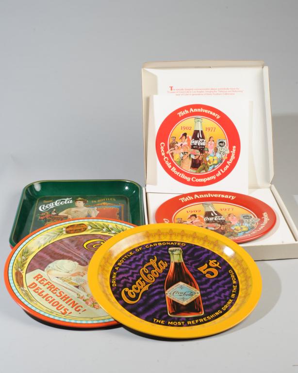 Lot of 5 Coca Cola Trays: 75th Anniversary trays, one for Los Angeles in original box, one for Nashville, one for Paducah, on for Norfolk, one for Roanoke.Largest: approx. 13 1/4" x 10 1/2".